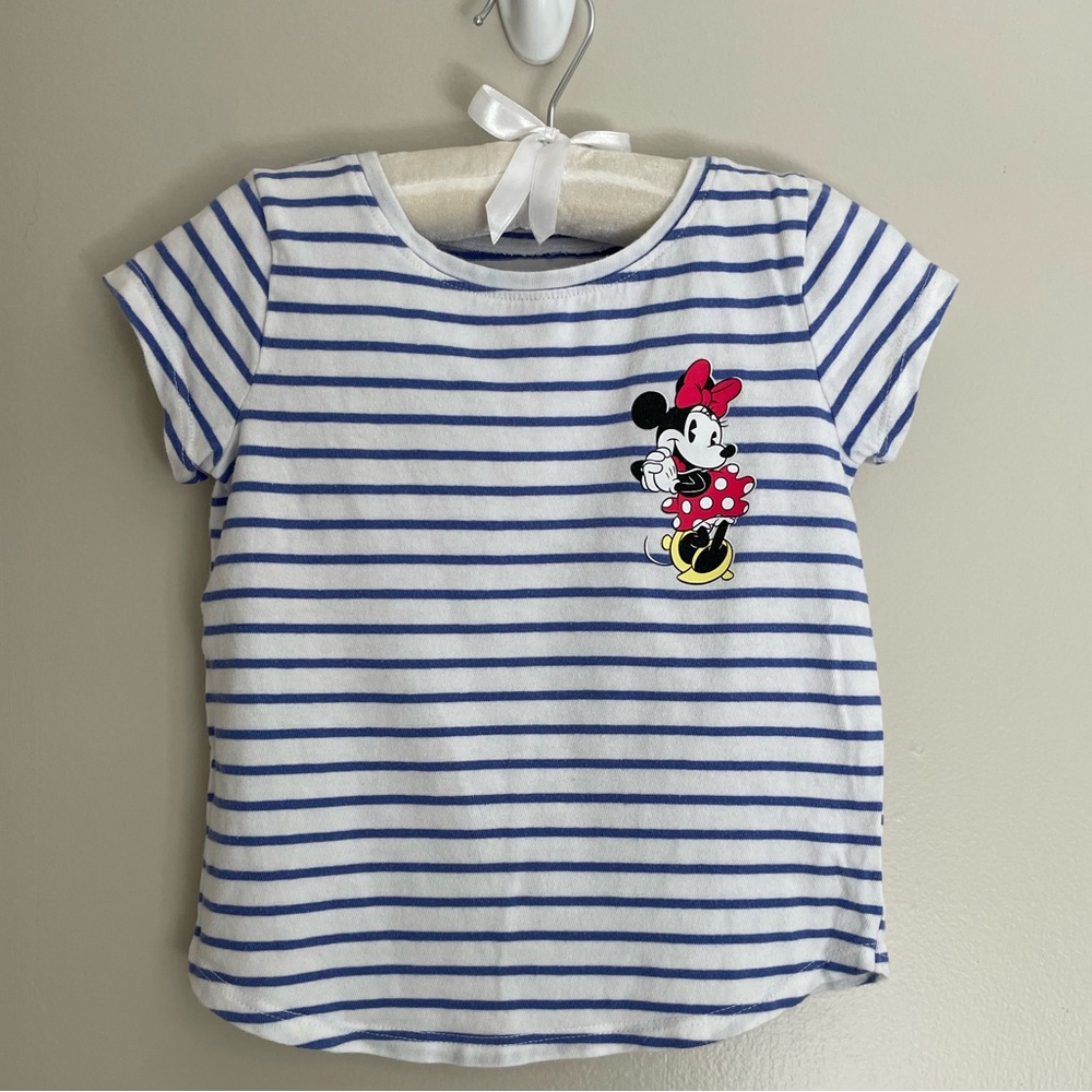 Disney Jumping Beans T Shirt, white with blue stripes, Minnie Mouse, size 4T